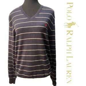 Polo Ralph Lauren Navy Blue White Stripe Long Sleeve 100% Pima V-neck Sweater S
